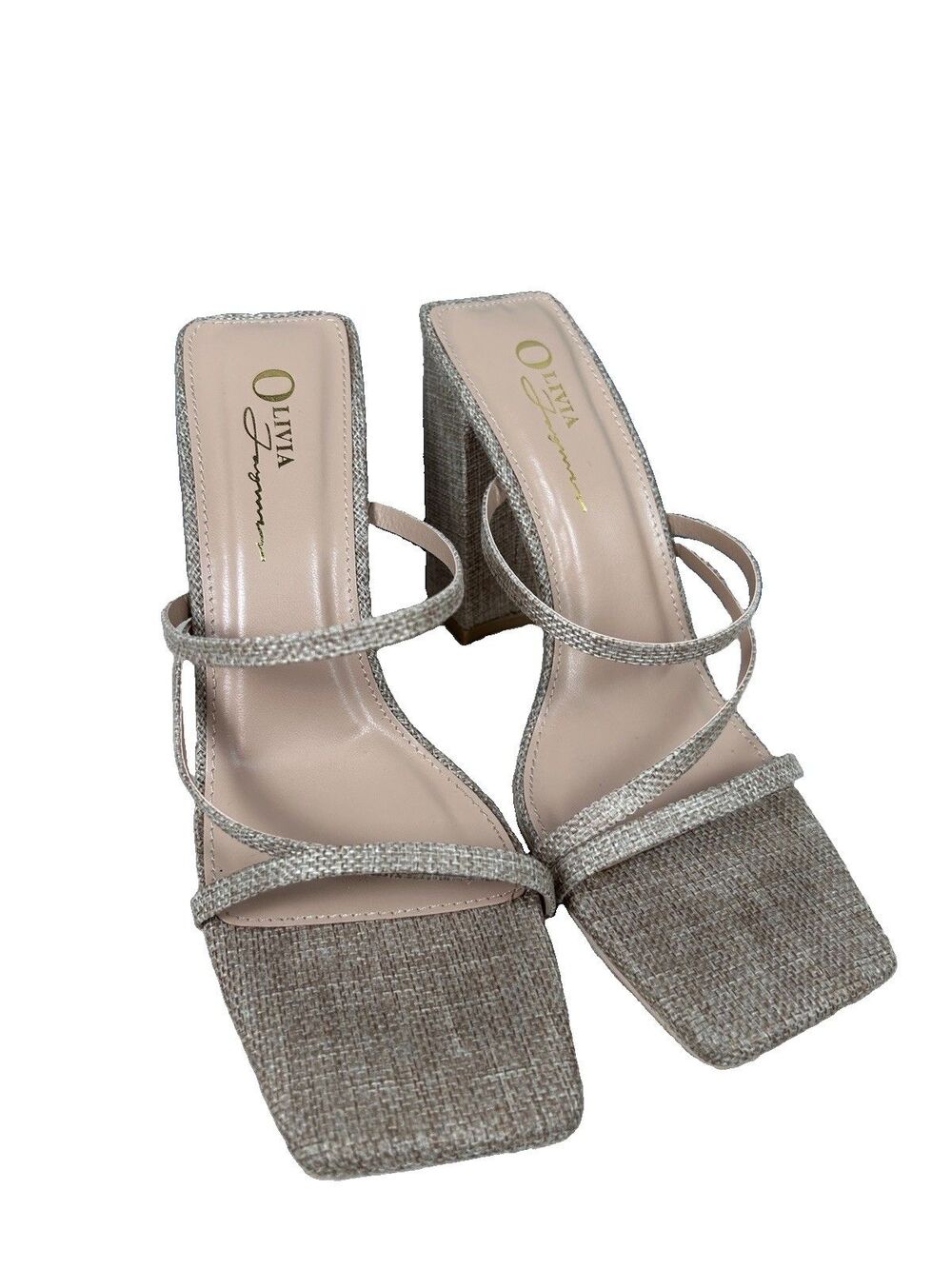 Olivia Jaymes linen like nuetral beige strappy block heel Sandals Women Sz 7 1/2